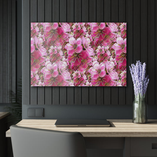 Landscape-oriented pink floral wall art above a wooden desk with a laptop and lavender in a dark, modern office.