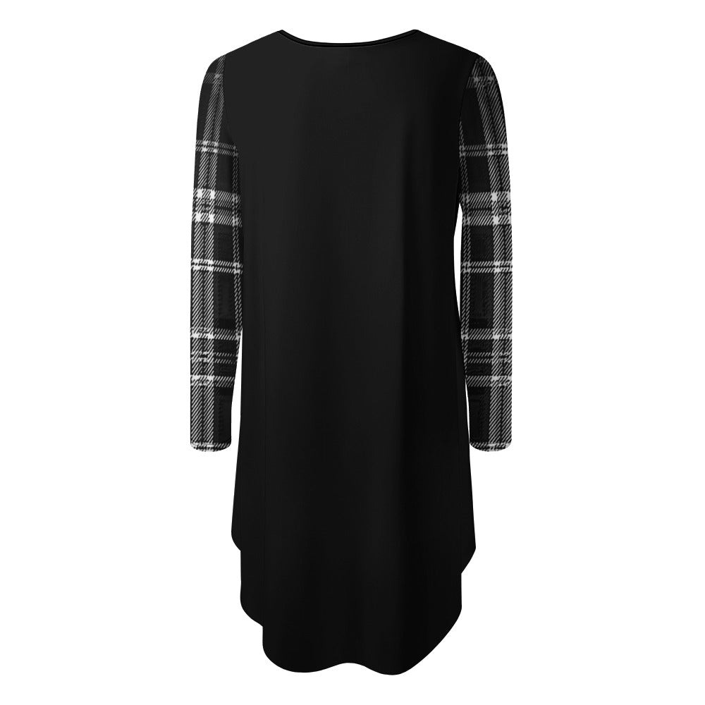 TRP Twisted Patterns 06: Digital Plaid 01-06A Designer Round Neck Long Sleeve Loose Fit Irregular Hem Mini Dress