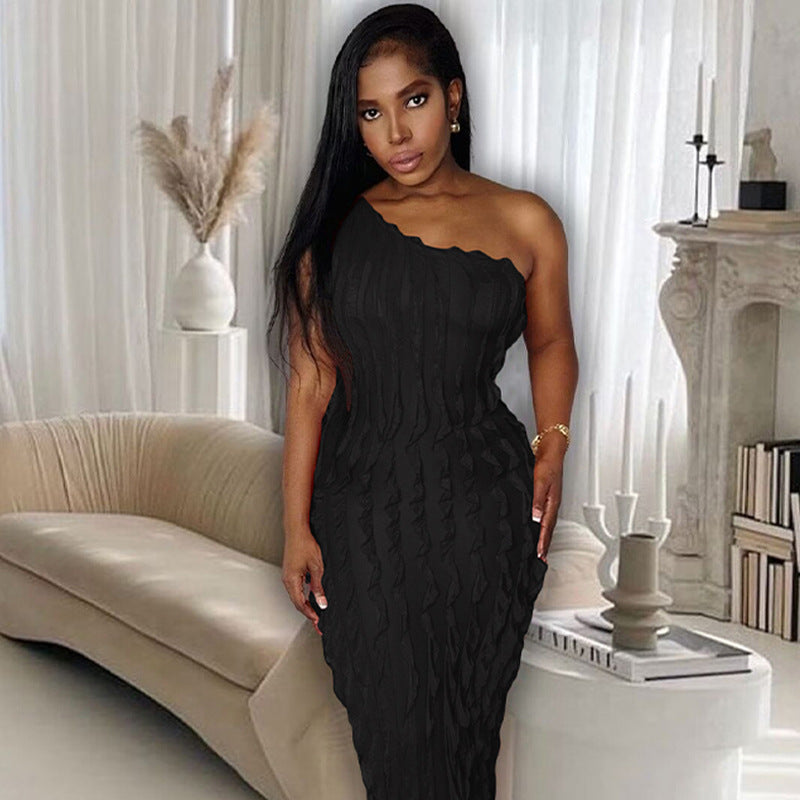 Black Sleeveless One Shoulder Striped Bodycon Maxi Dress