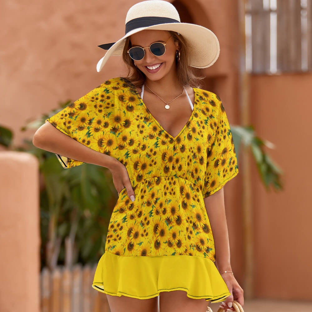 TRP Floral Print 04: Sunflowers 01 Designer Smocked Ruffle Hem Dress (3 colors)