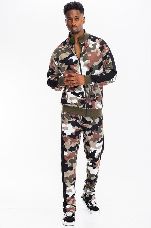 Stripe Sleeve Camouflage Print Tracksuit (3 colors)