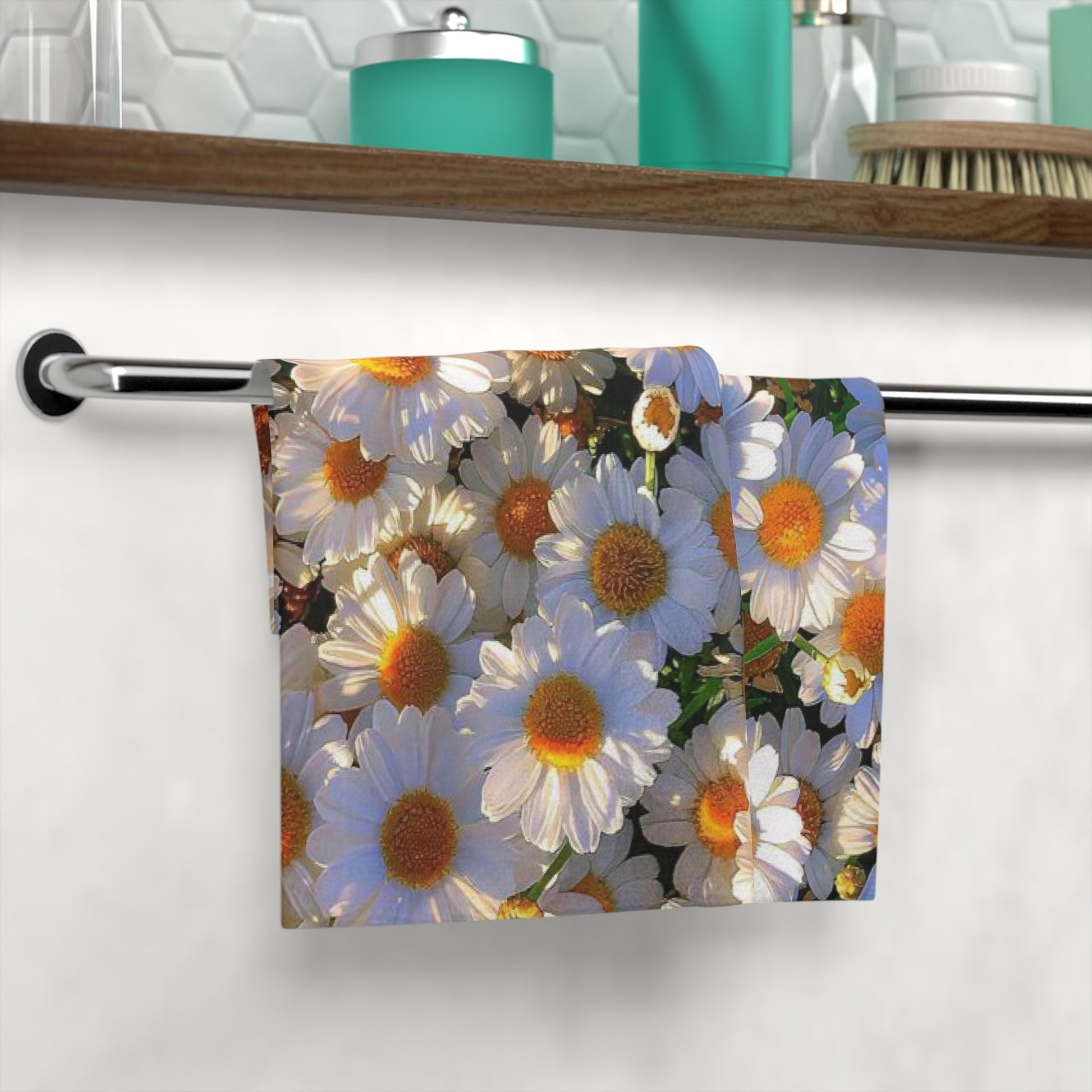 Sun-Kissed Meadow Washcloth by TimeReproofPortraits featuring a high-fidelity print of yellow and white daisies in a field under golden sunlight."