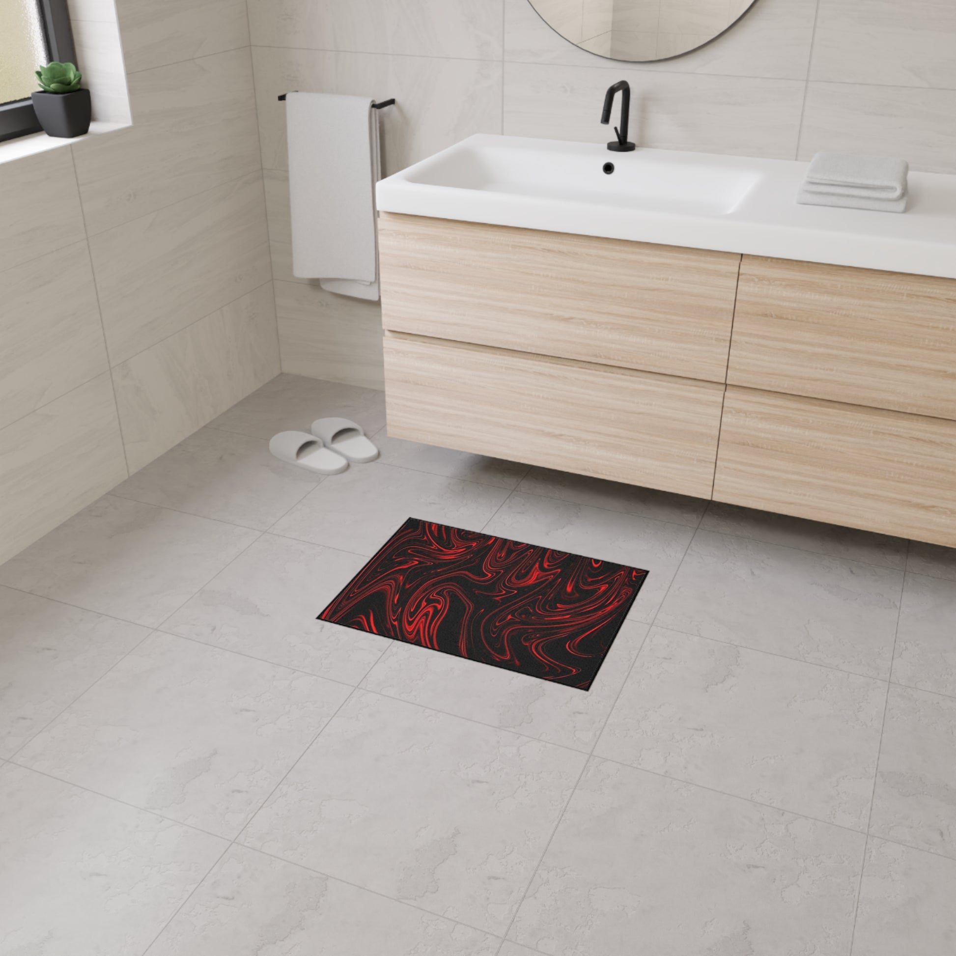 Bathroom with a Honda logo mat on the floor
