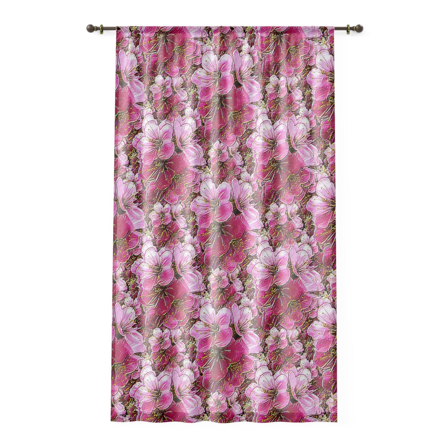 A single curtain panel featuring a vibrant, dense pink cherry blossom pattern hanging from a bronze rod.