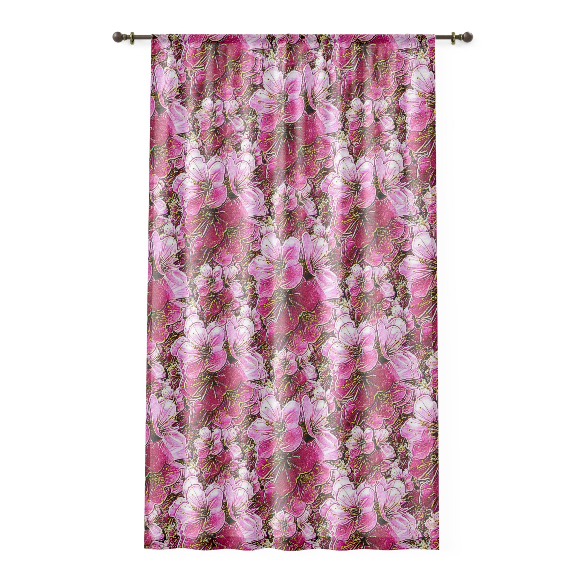 A single curtain panel featuring a vibrant, dense pink cherry blossom pattern hanging from a bronze rod.