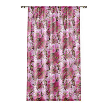A single curtain panel featuring a vibrant, dense pink cherry blossom pattern hanging from a bronze rod.
