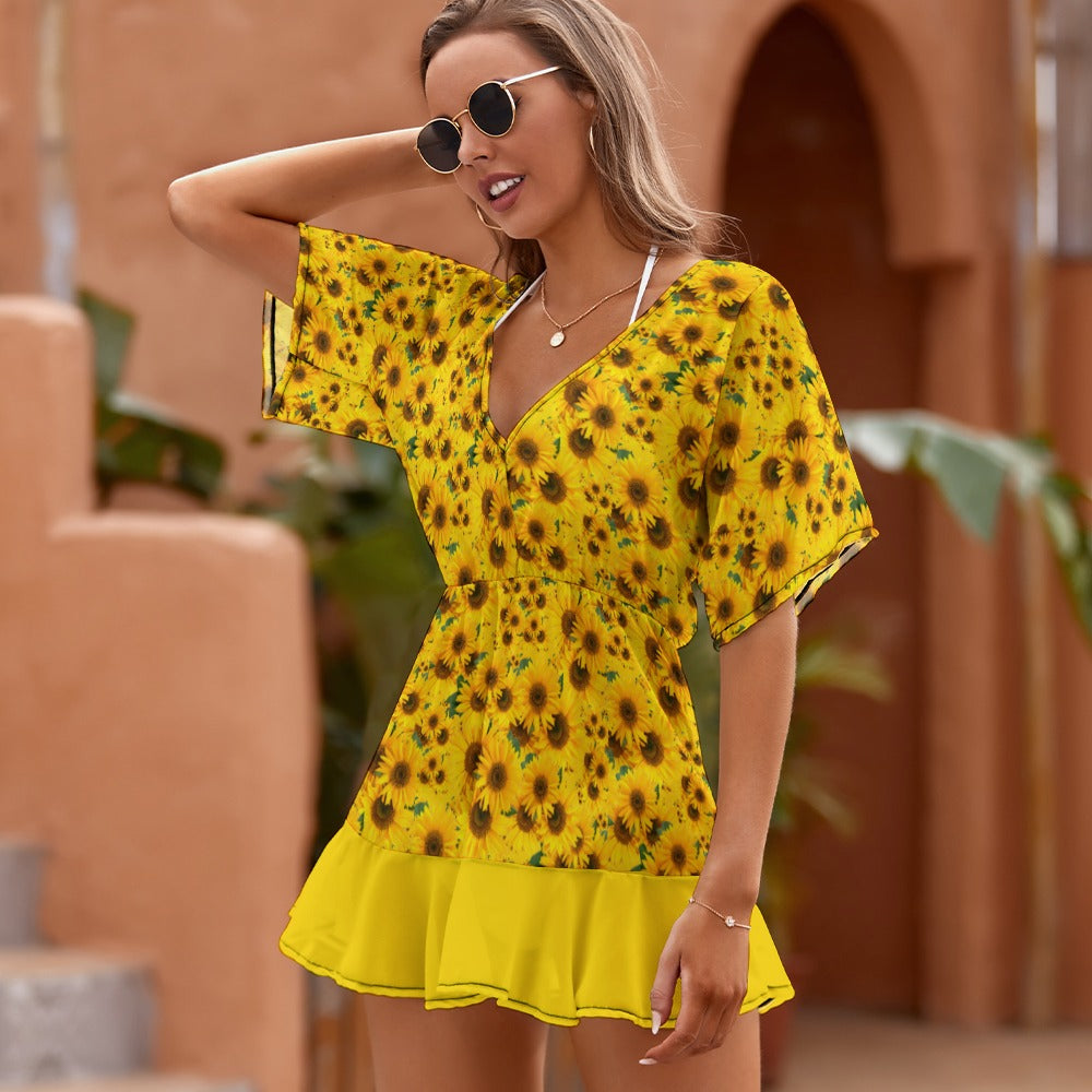 TRP Floral Print 04: Sunflowers 01 Designer Smocked Ruffle Hem Dress (3 colors)