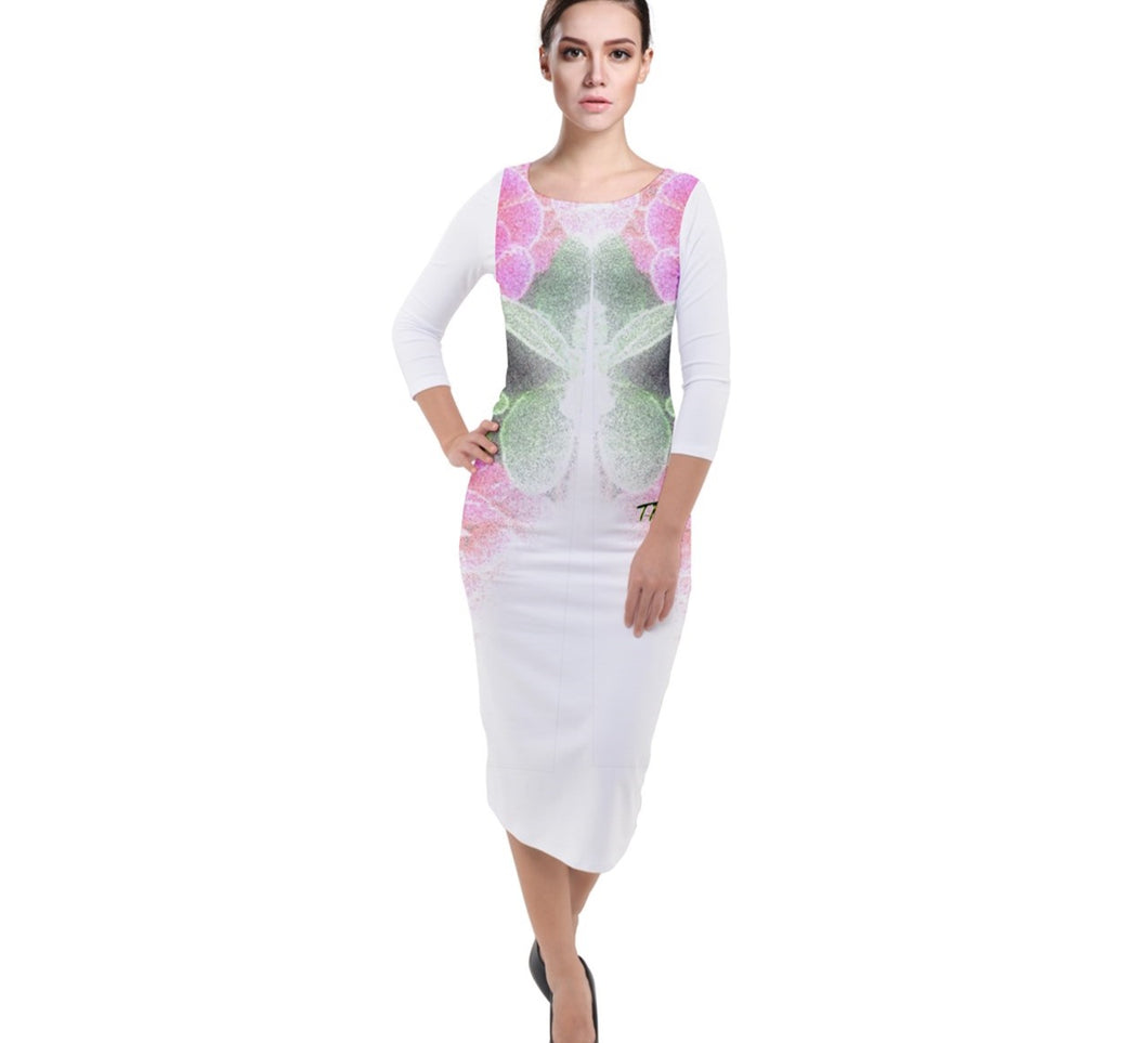 Floral Embosses: Roses 02-02 Designer 3/4 Sleeve Velour Bodycon Midi Dress