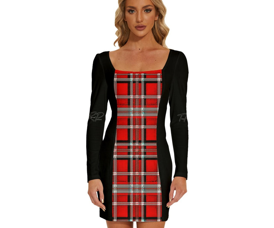 TRP Twisted Patterns 06: Digital Plaid 01-03A Designer Long Sleeve Square Neck Bodycon Velvet Mini Dress