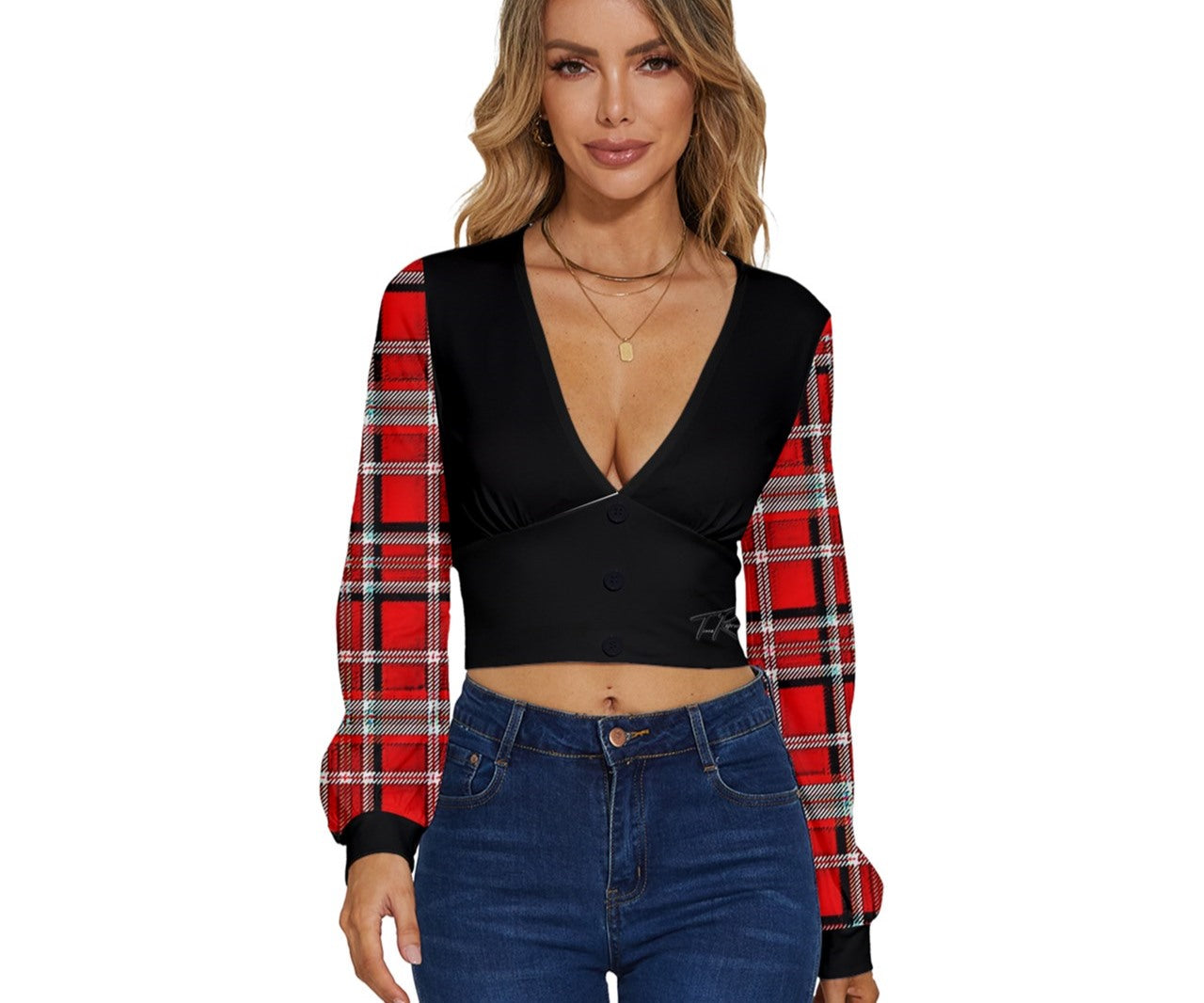 TRP Twisted Patterns 06: Digital Plaid 01-03A Designer Cropped  Long Sleeve Deep V-neck Velour Top