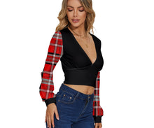 Load image into Gallery viewer, TRP Twisted Patterns 06: Digital Plaid 01-03A Designer Cropped  Long Sleeve Deep V-neck Velour Top