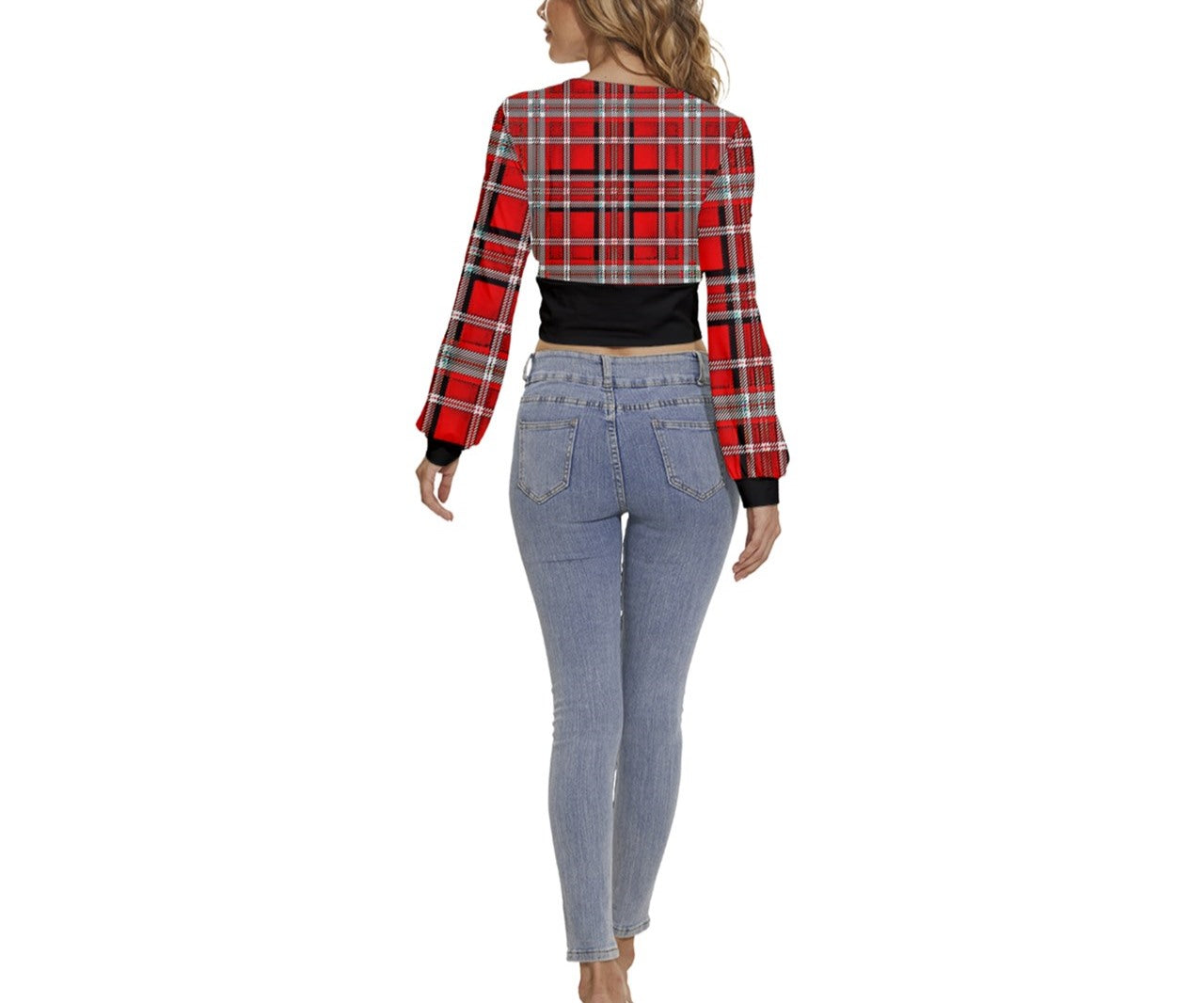 TRP Twisted Patterns 06: Digital Plaid 01-03A Designer Cropped  Long Sleeve Deep V-neck Velour Top