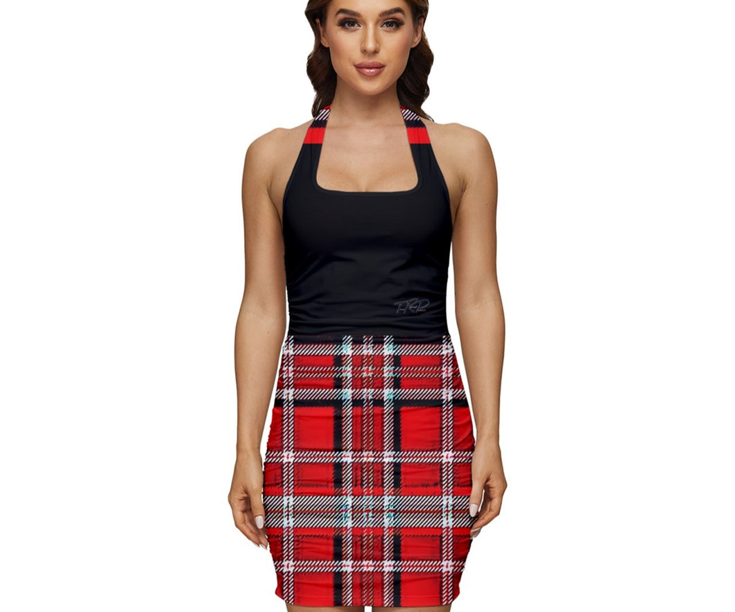 TRP Twisted Patterns 06: Digital Plaid 01-03A Designer Halter Square Neck Ruched Rayon Blend Bodycon Mini Dress