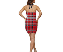 Load image into Gallery viewer, TRP Twisted Patterns 06: Digital Plaid 01-03A Designer Halter Square Neck Ruched Rayon Blend Bodycon Mini Dress