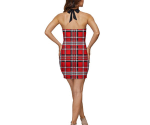 TRP Twisted Patterns 06: Digital Plaid 01-03A Designer Halter Square Neck Ruched Rayon Blend Bodycon Mini Dress