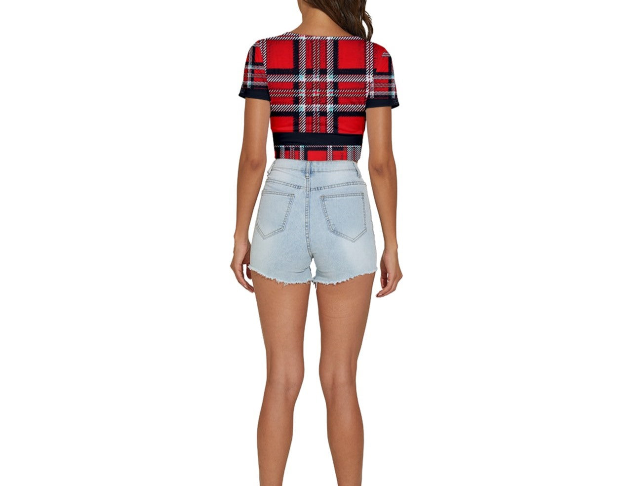 TRP Twisted Patterns 06: Digital Plaid 01-03A Designer Cropped V-neck Cotton Blend T-shirt