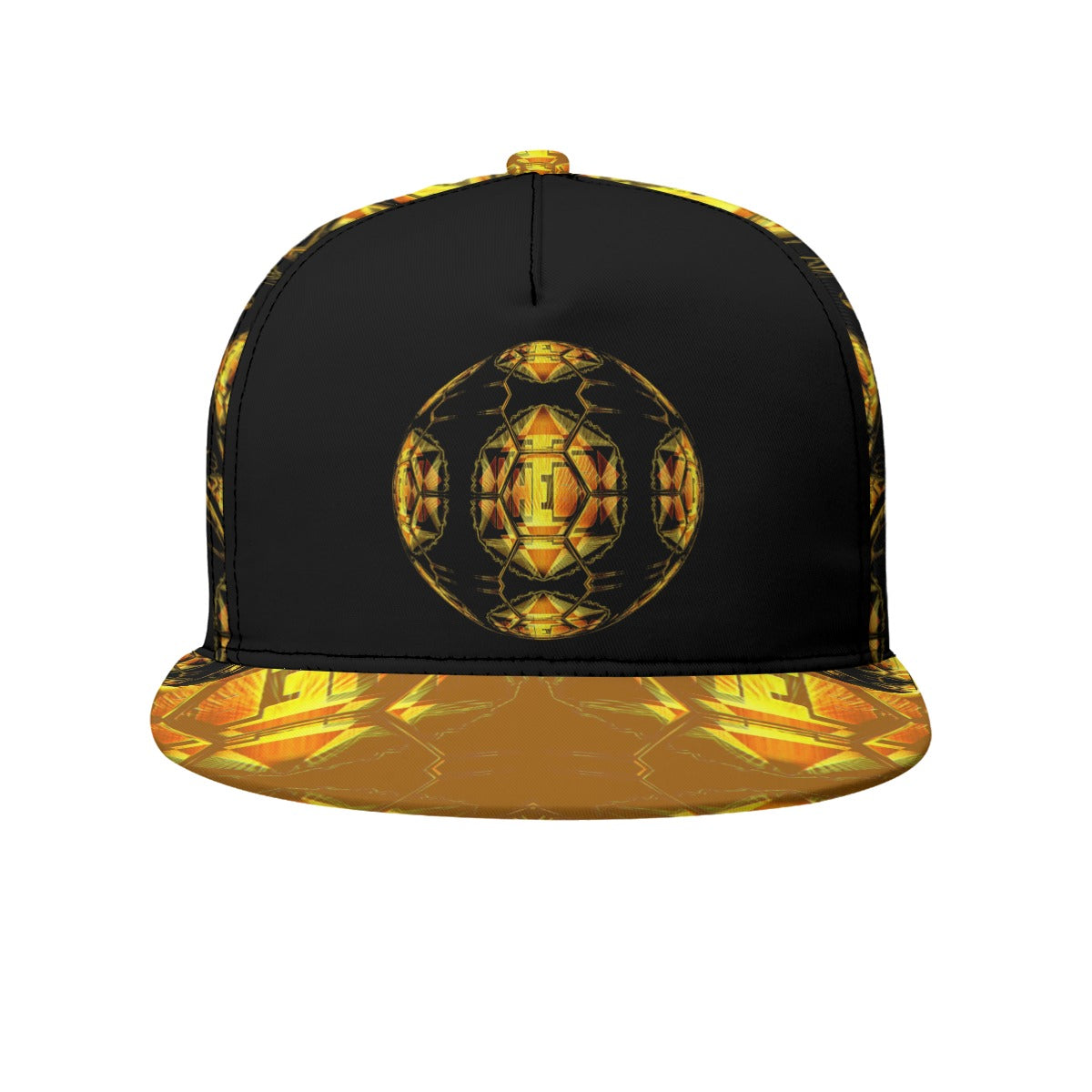 Front view of a black snapback hat featuring a golden, geometric orb design on the crown and a matching gold pattern on the flat brim.