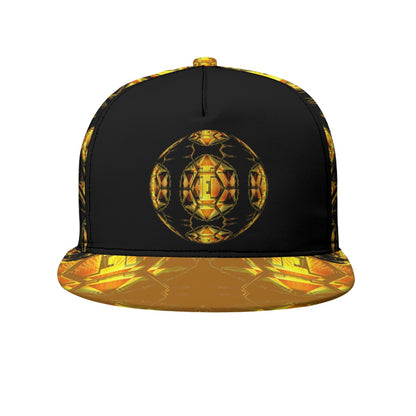 Front view of a black snapback hat featuring a golden, geometric orb design on the crown and a matching gold pattern on the flat brim.