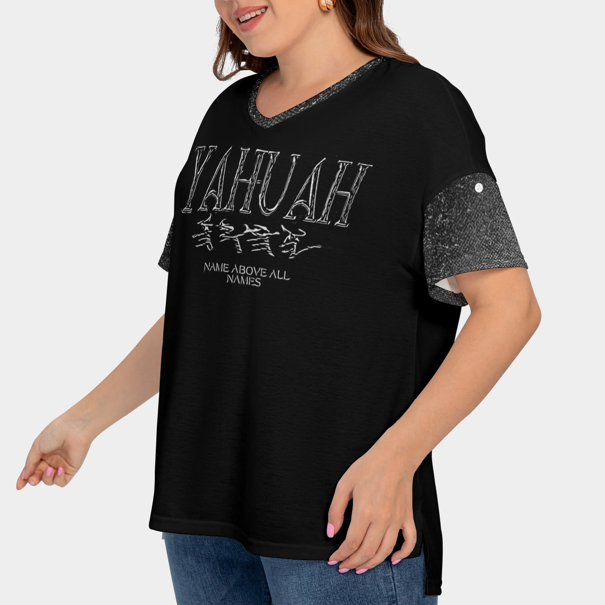 Yahuah-Name Above All Names 01-01 Ladies Designer Drop Shoulder V-neck Plus Size T-shirt with Sleeve Loops