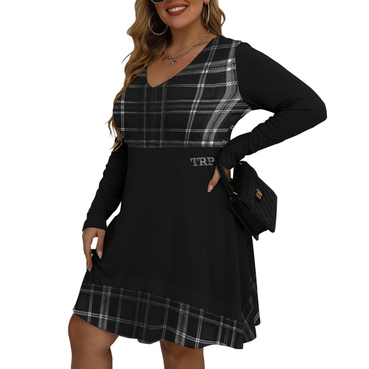 TRP Twisted Patterns 06: Digital Plaid 01-06B Designer V-neck Long Sleeve Flared Plus Size Mini Dress