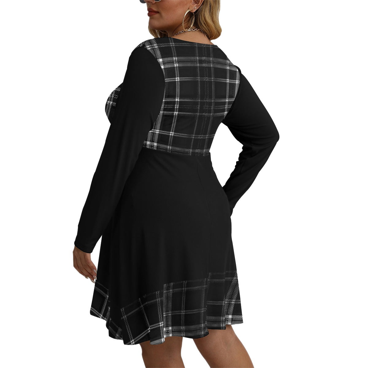 TRP Twisted Patterns 06: Digital Plaid 01-06B Designer V-neck Long Sleeve Flared Plus Size Mini Dress