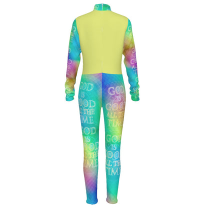 Chroma-Shift Art-to-Wear: God is Good All The Time 01-04 Long Sleeve Mock Neck Jumpsuit with Zipper