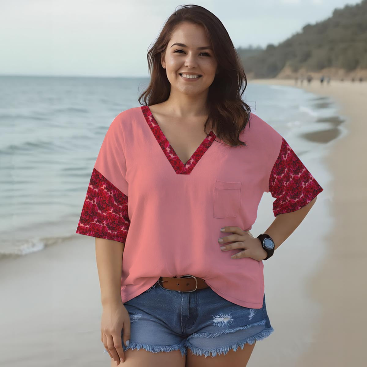 Floral Embosses: Roses 02-01 Designer V-neck Drop Shoulder T-shirt