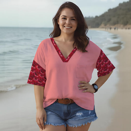 Floral Embosses: Roses 02-01 Designer V-neck Drop Shoulder T-shirt