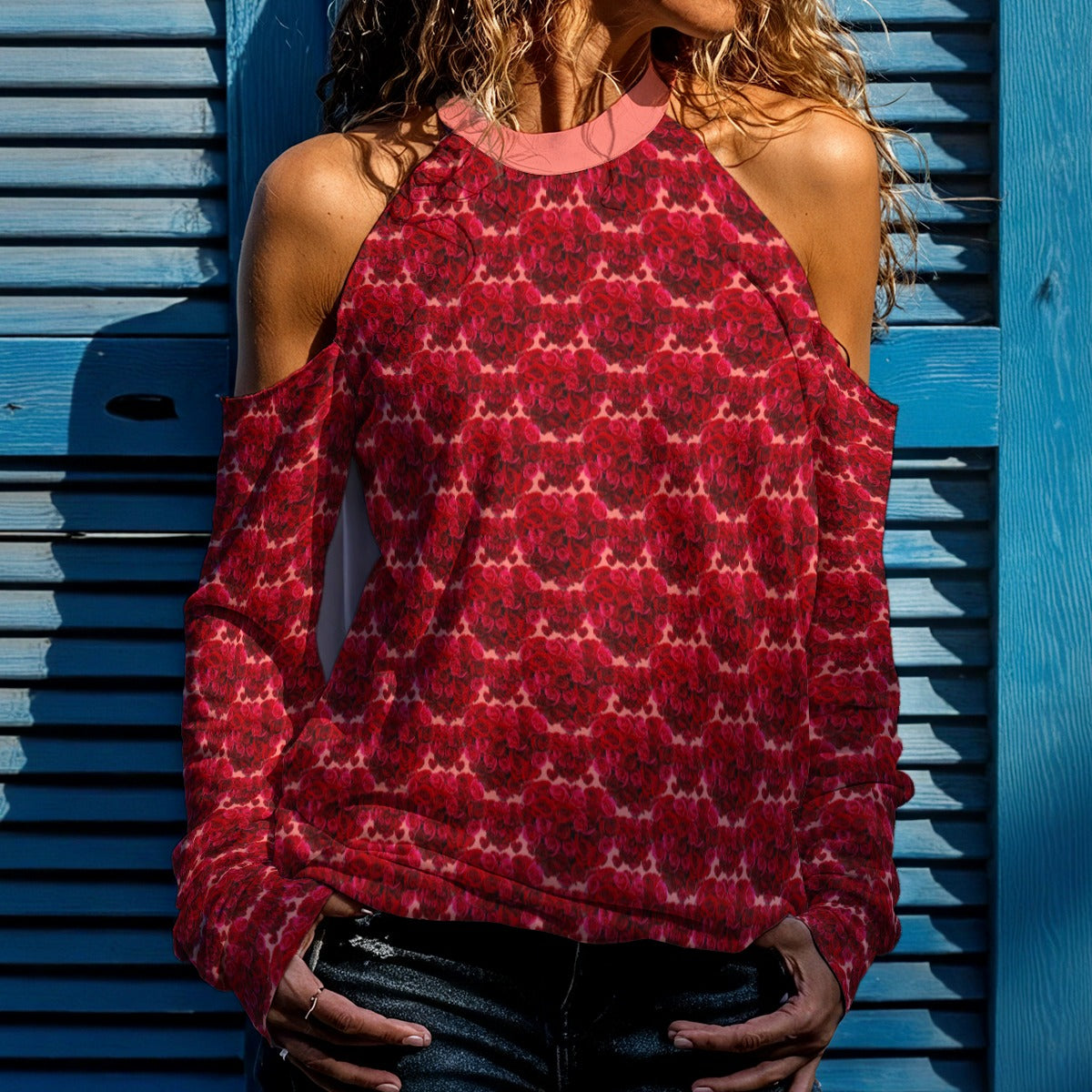 Floral Embosses: Roses 02-01 Designer Open Shoulder Sweatshirt