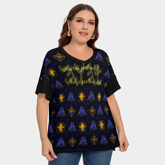 Truth Illustrated 01-01 Ladies Designer Drop Shoulder V-neck Plus Size T-shirt with Sleeve Loops