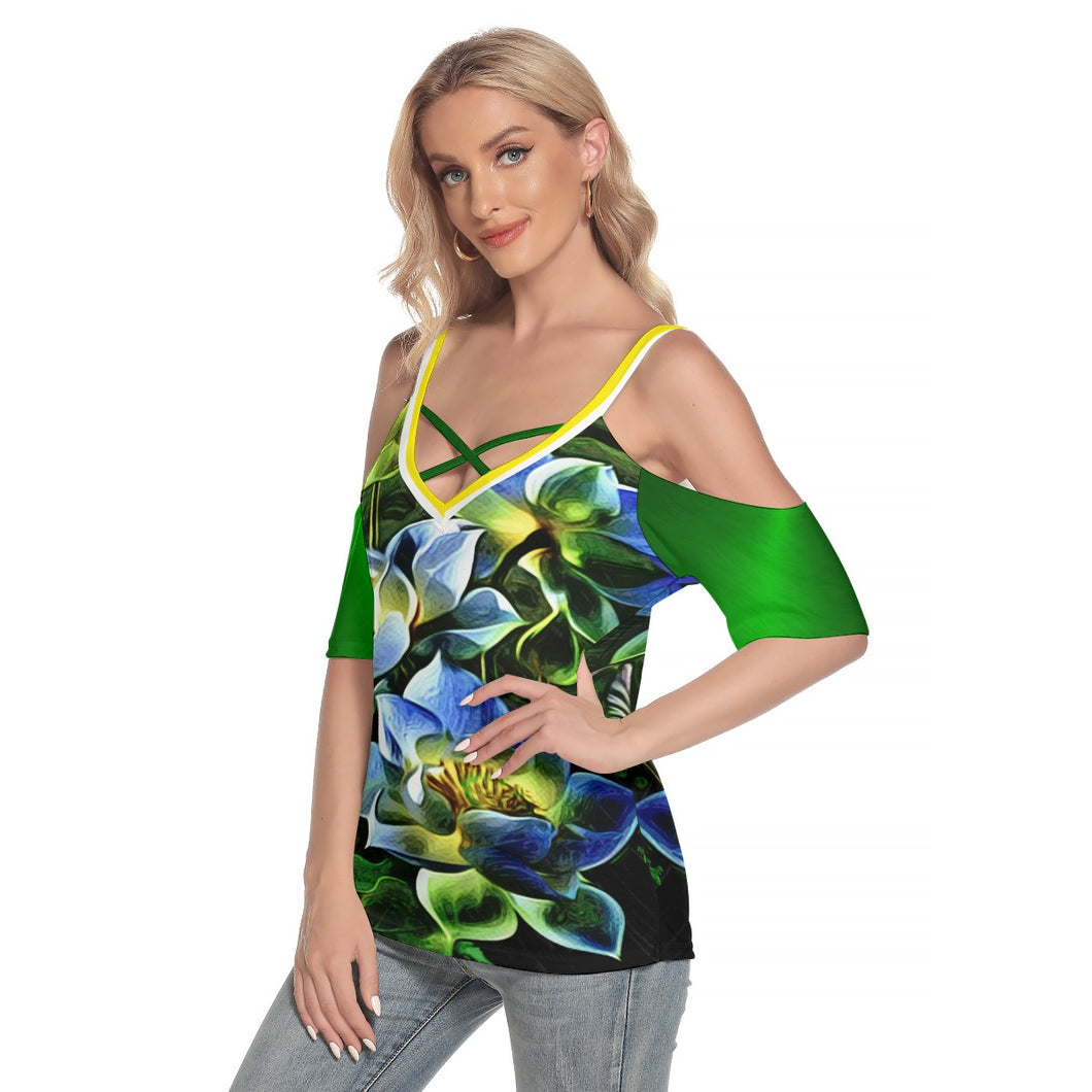 TRP Floral Print 01 Designer Open Shoulder Criss Cross Deep V-neck Short Sleeve Blouse