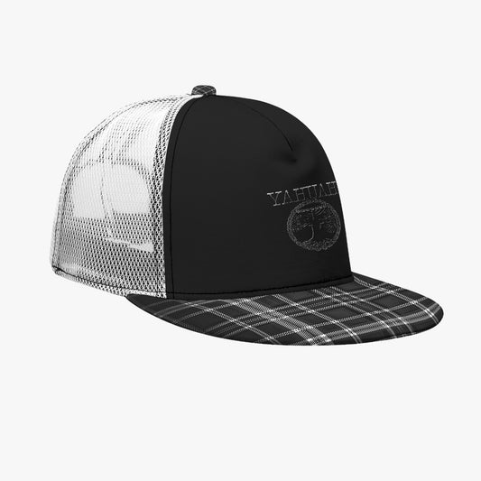 Yahuah-Tree of Life 02-04 + Digital Plaid 01-06A Designer Flat Brim Peaked Trucker Cap with White Half Mesh