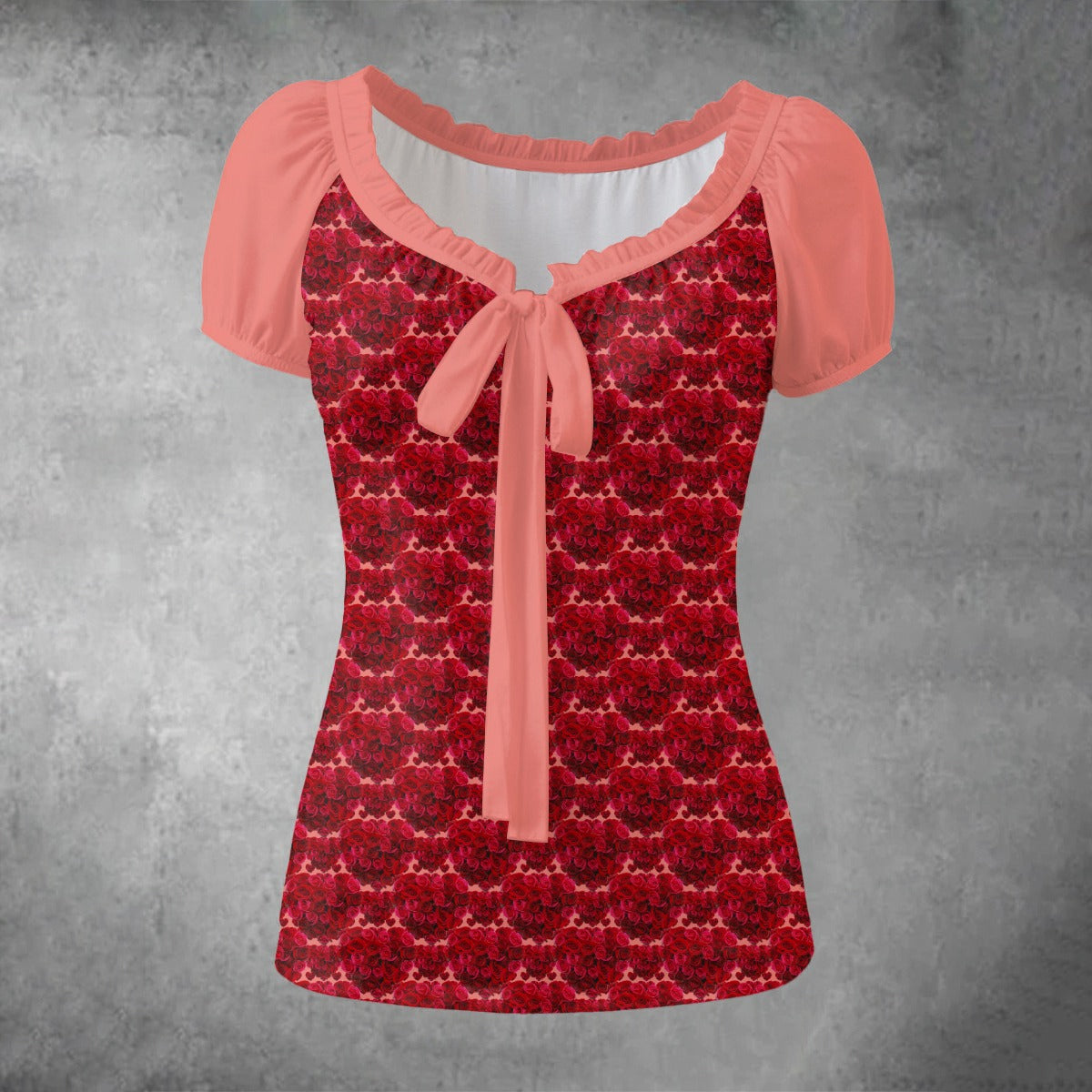 Floral Embosses: Roses 02-01 Designer Puff Sleeve Pleated Blouse