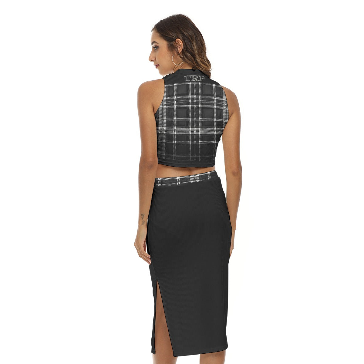 TRP Twisted Patterns 06: Digital Plaid 01-06B Designer Tank Top & Split Midi Skirt Two Piece Set