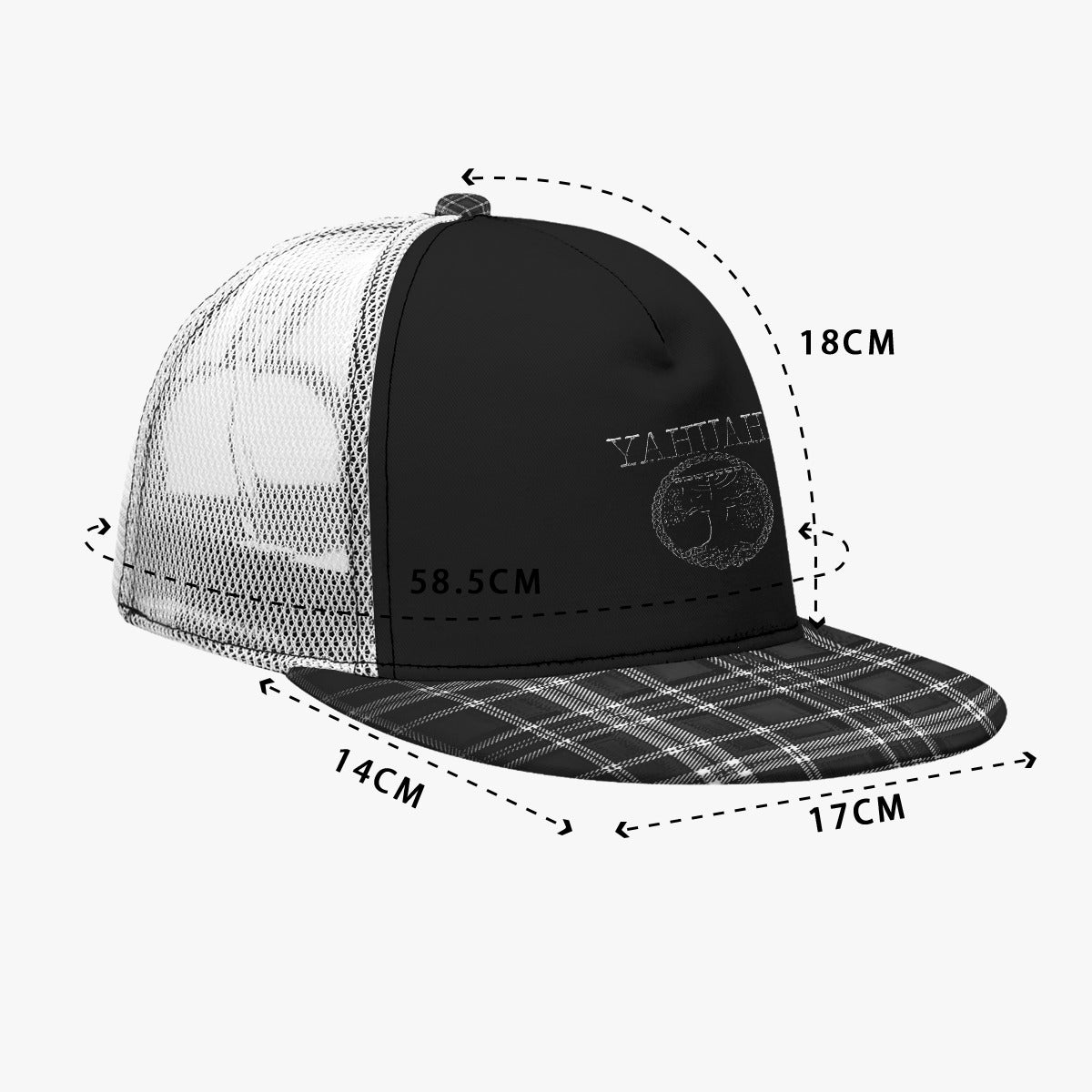 Yahuah-Tree of Life 02-04 + Digital Plaid 01-06A Designer Flat Brim Peaked Trucker Cap with White Half Mesh