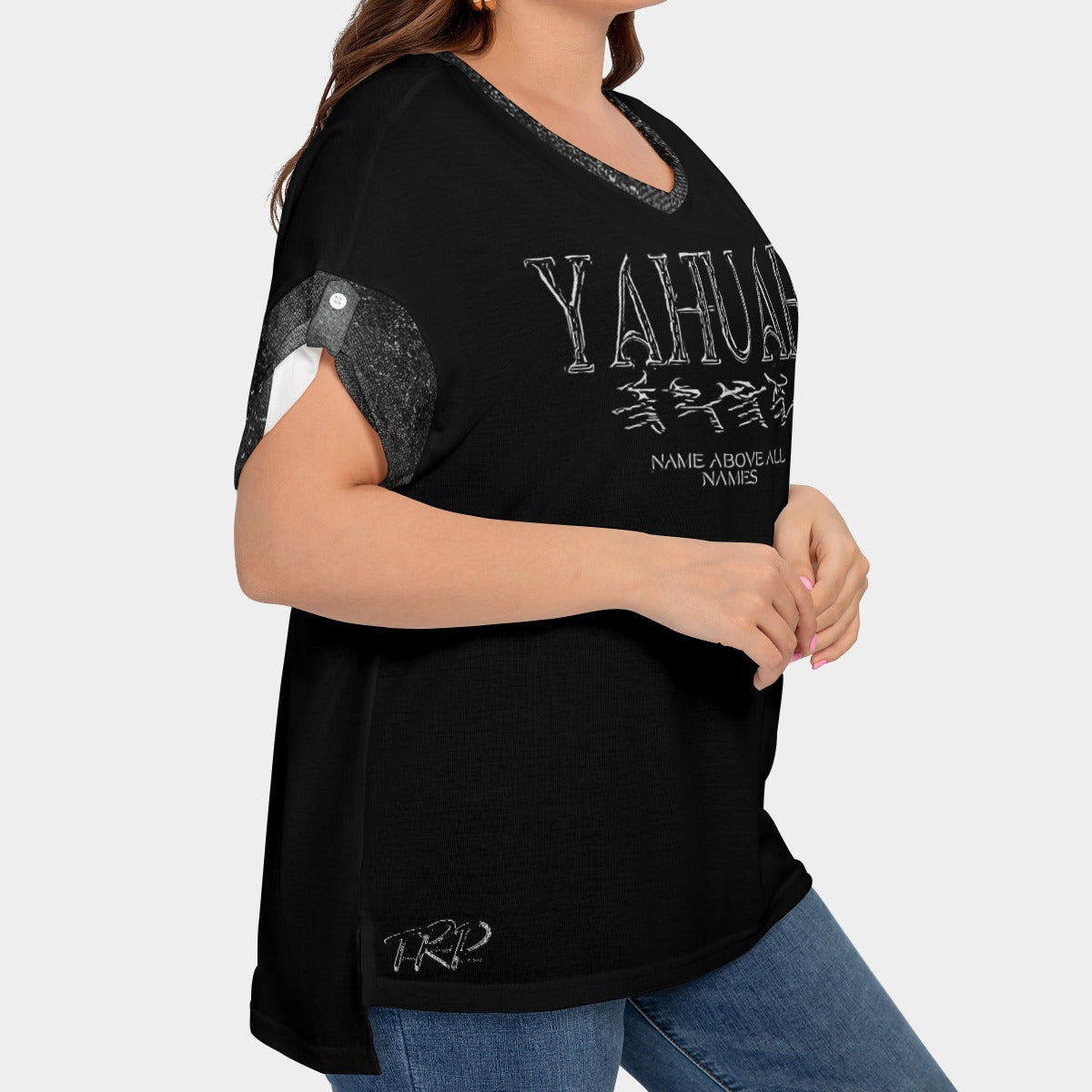 Yahuah-Name Above All Names 01-01 Ladies Designer Drop Shoulder V-neck Plus Size T-shirt with Sleeve Loops