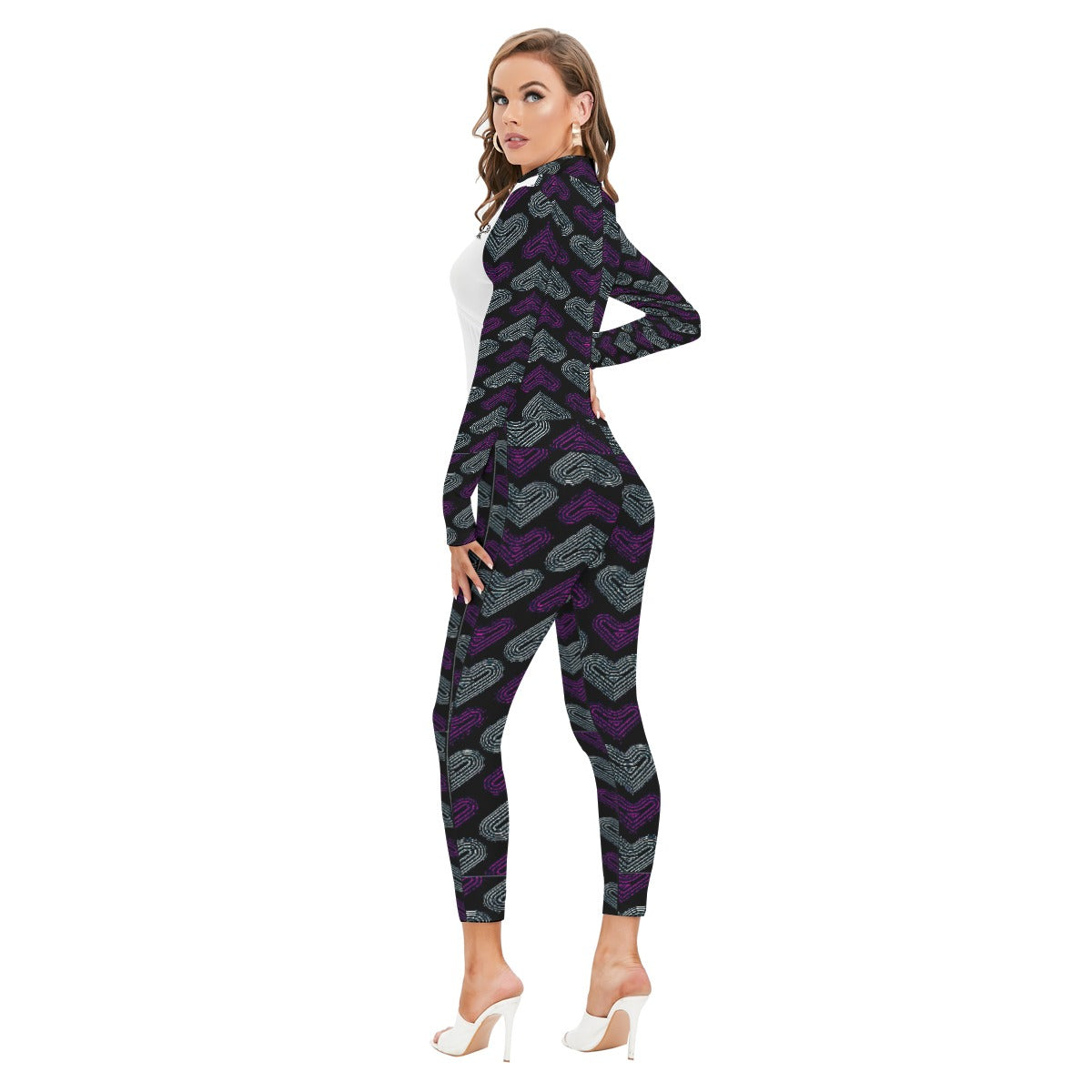 TRP Twisted Patterns 03: Chevron Hearts 01-01 Designer Mock Neck Long Sleeve Jumpsuit with Zipper