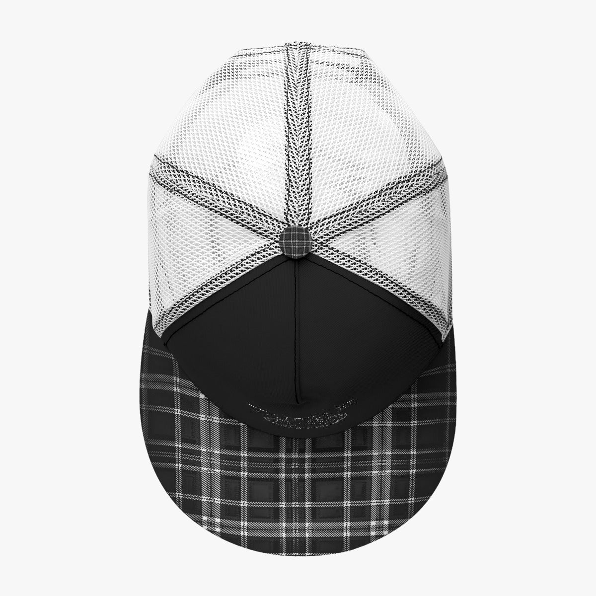 Yahuah-Tree of Life 02-04 + Digital Plaid 01-06A Designer Flat Brim Peaked Trucker Cap with White Half Mesh