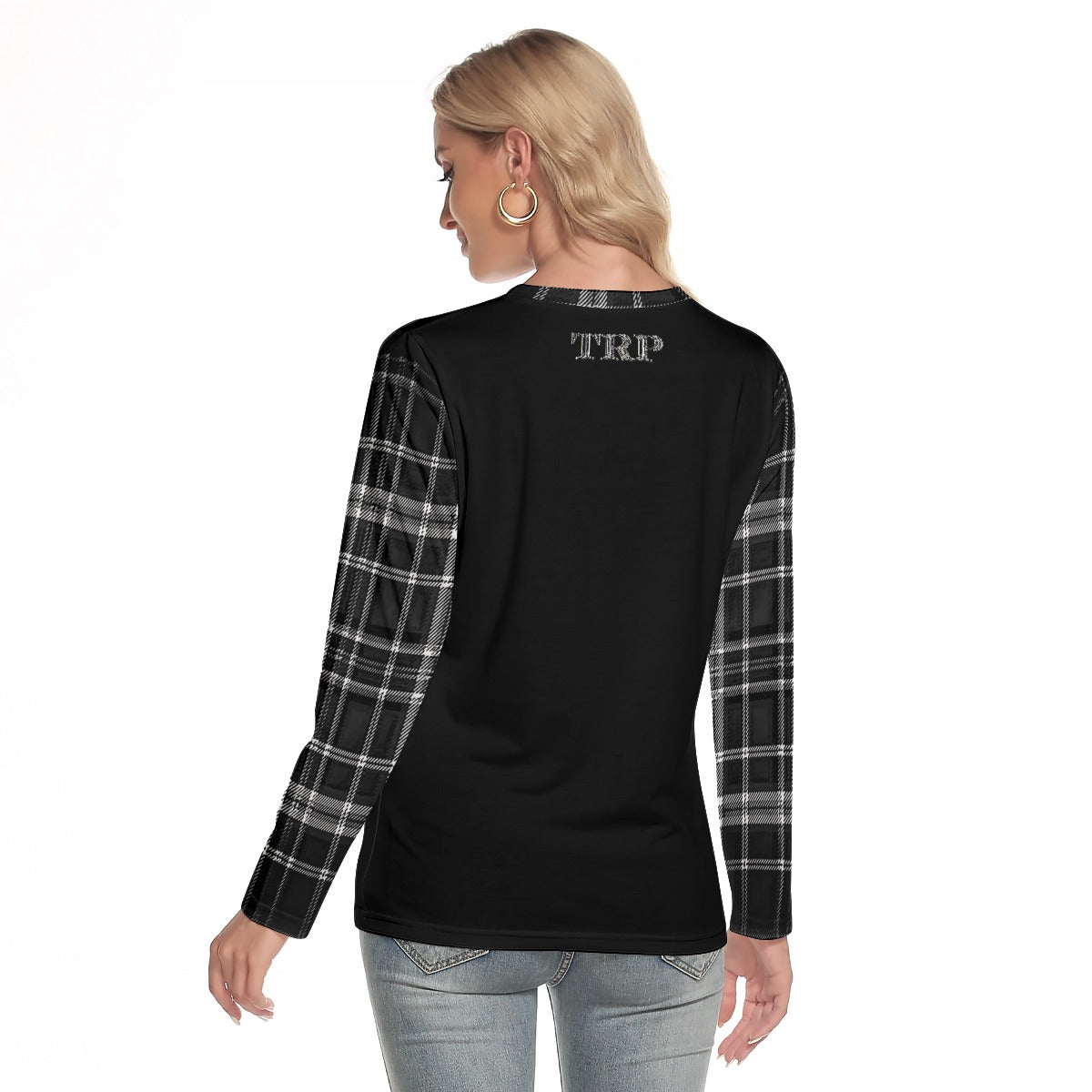 TRP Twisted Patterns 06: Digital Plaid 01-06B Ladies Designer Round Neck Long Sleeve T-shirt