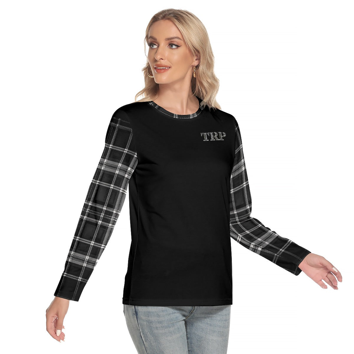 TRP Twisted Patterns 06: Digital Plaid 01-06B Ladies Designer Round Neck Long Sleeve T-shirt