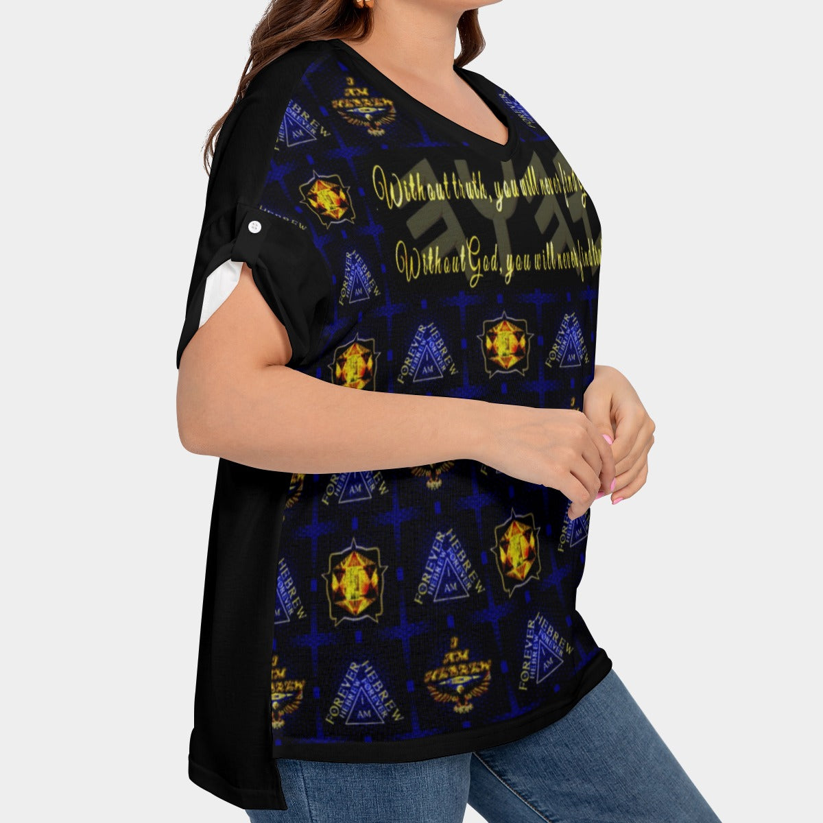 Truth Illustrated 01-01 Ladies Designer Drop Shoulder V-neck Plus Size T-shirt with Sleeve Loops