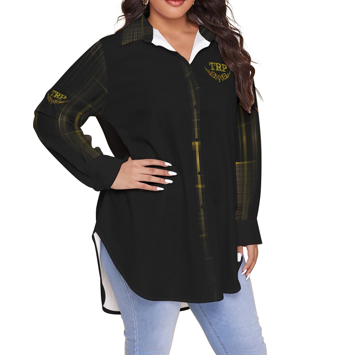 TRP Matrix 01 Designer Long Sleeve Curved Hem Button Up Plus Size Blouse