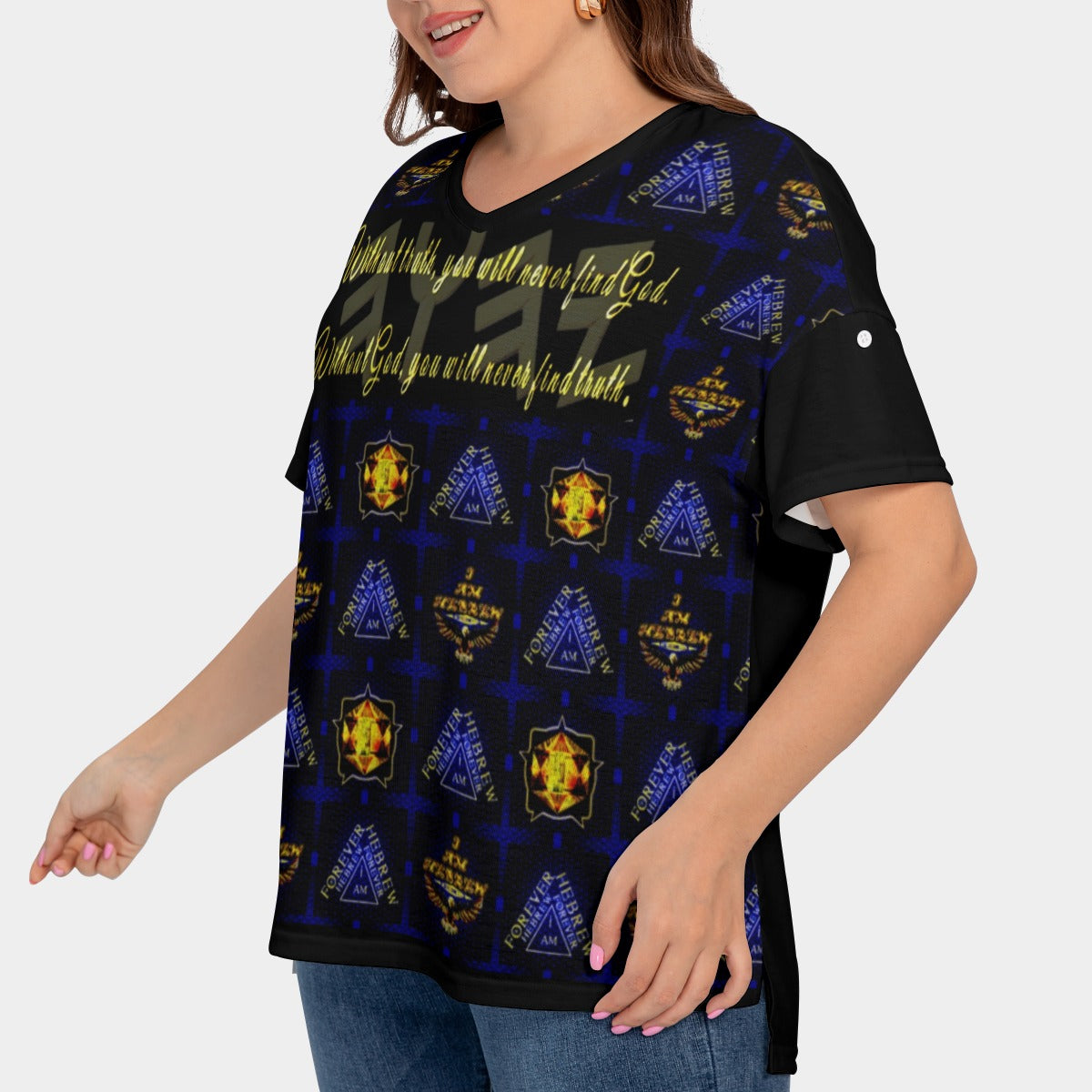 Truth Illustrated 01-01 Ladies Designer Drop Shoulder V-neck Plus Size T-shirt with Sleeve Loops