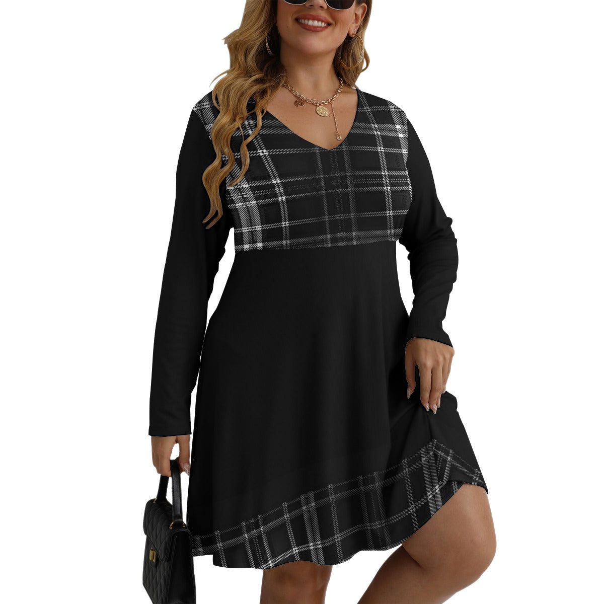 TRP Twisted Patterns 06: Digital Plaid 01-06B Designer V-neck Long Sleeve Flared Plus Size Mini Dress