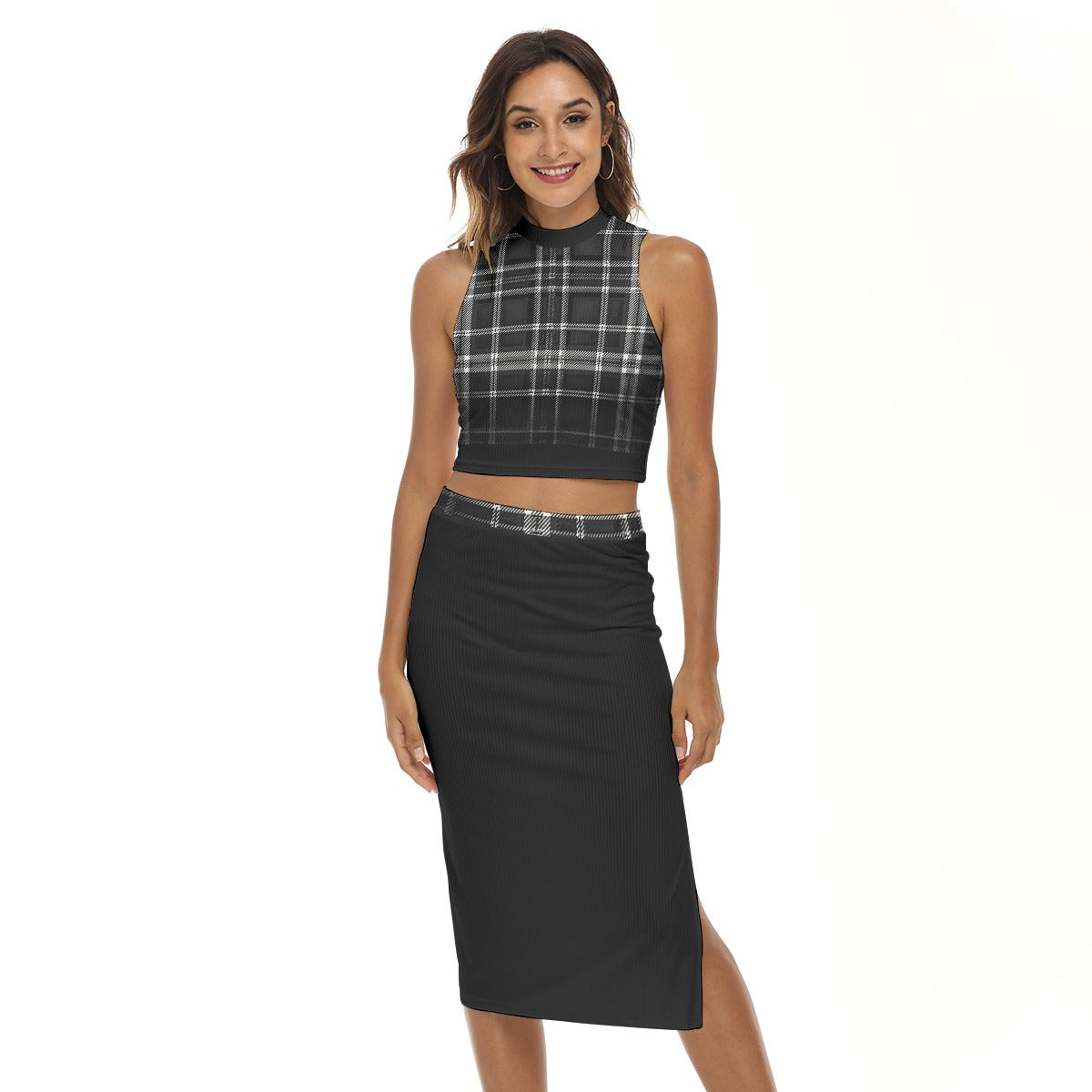 TRP Twisted Patterns 06: Digital Plaid 01-06B Designer Tank Top & Split Midi Skirt Two Piece Set