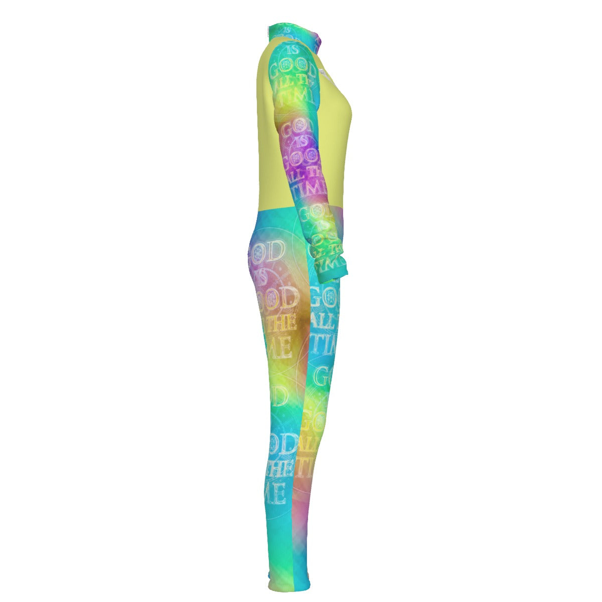 Chroma-Shift Art-to-Wear: God is Good All The Time 01-04 Long Sleeve Mock Neck Jumpsuit with Zipper