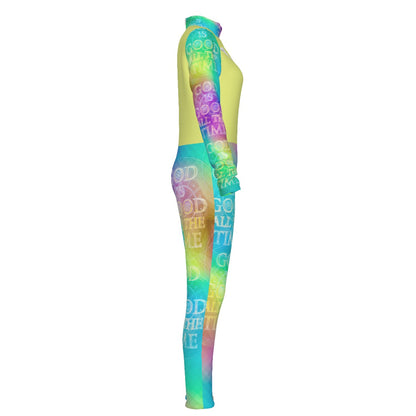 Chroma-Shift Art-to-Wear: God is Good All The Time 01-04 Long Sleeve Mock Neck Jumpsuit with Zipper