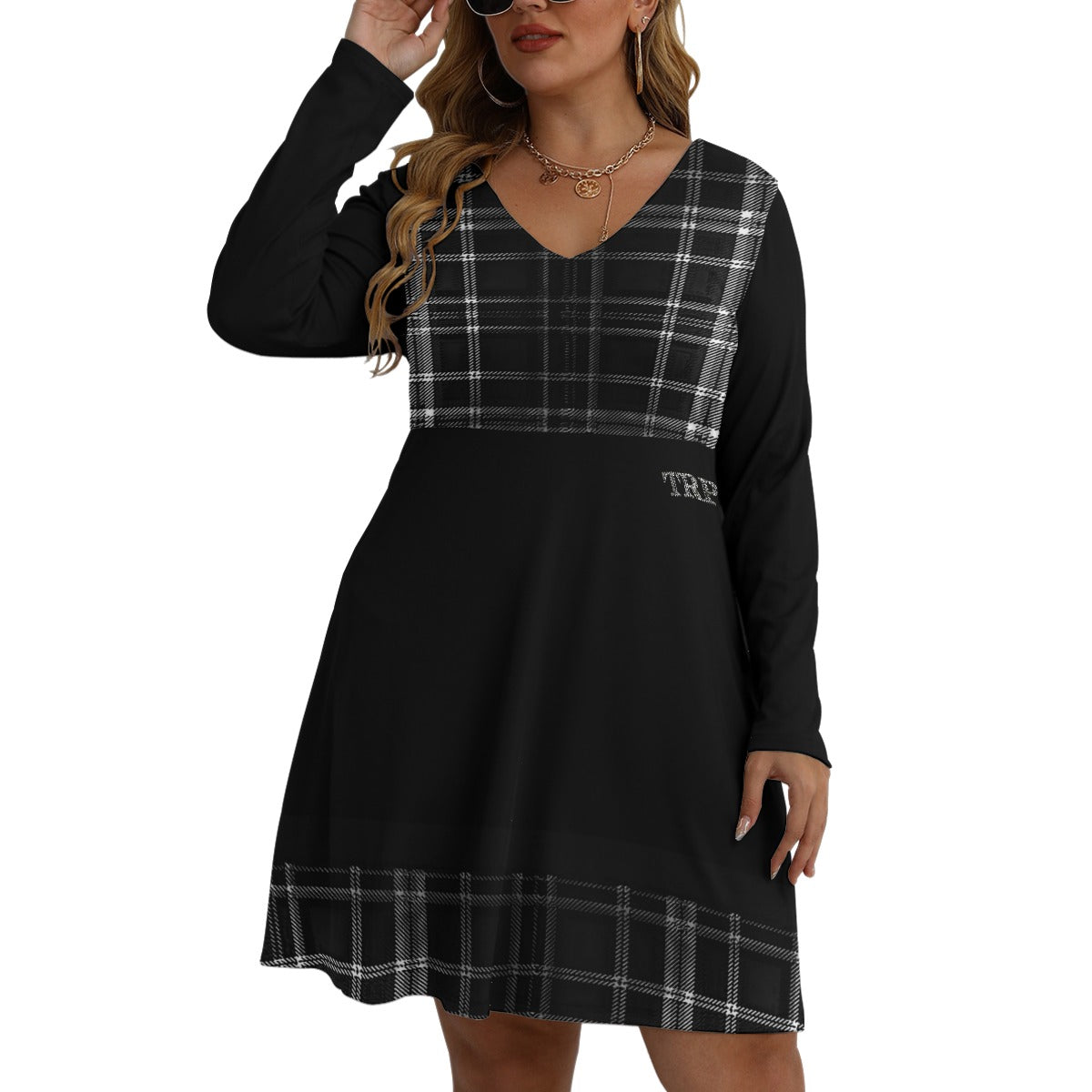 TRP Twisted Patterns 06: Digital Plaid 01-06B Designer V-neck Long Sleeve Flared Plus Size Mini Dress