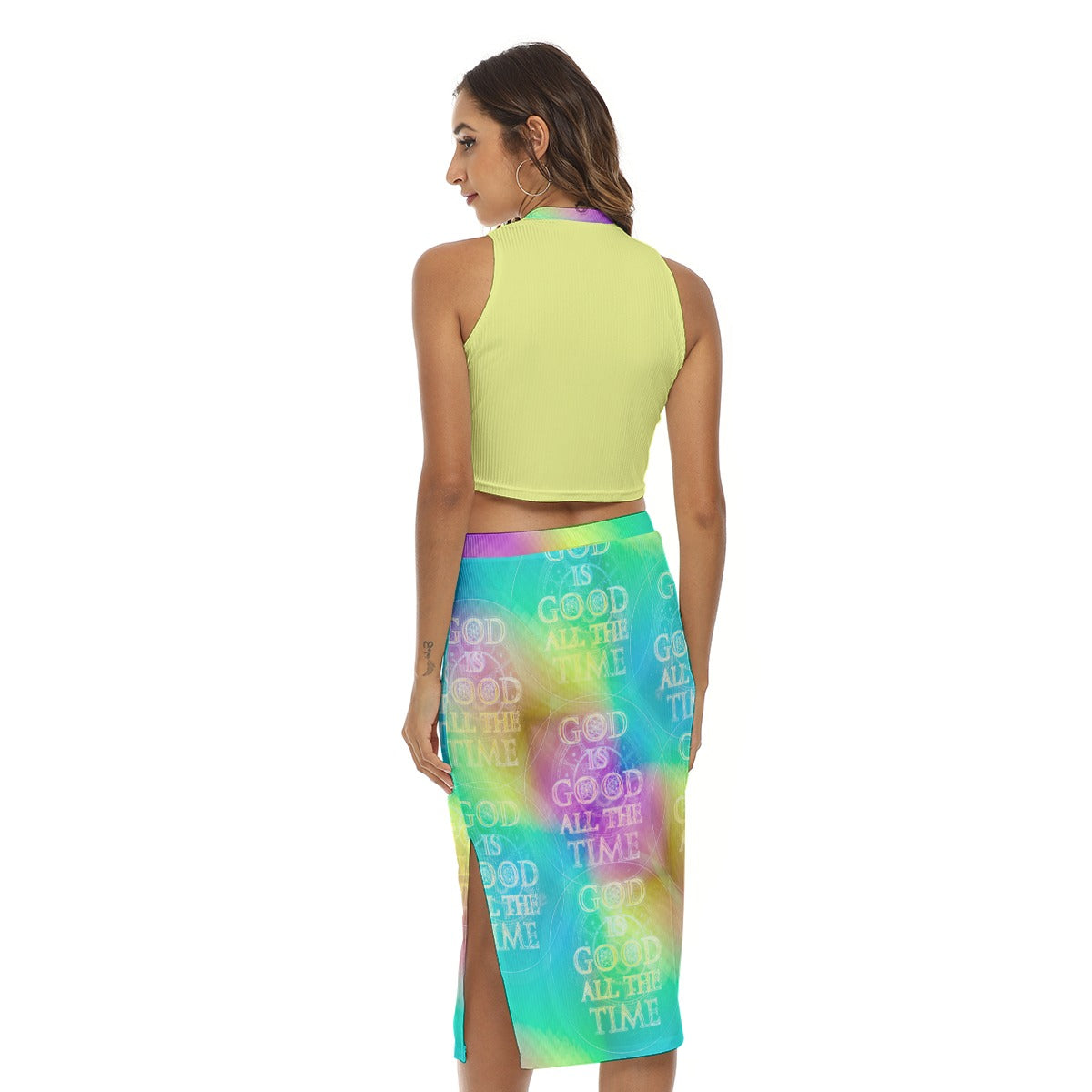 Chroma-Shift Art-to-Wear: God is Good All The Time 01-04 Cropped Tank Top & Split Midi Skirt Set