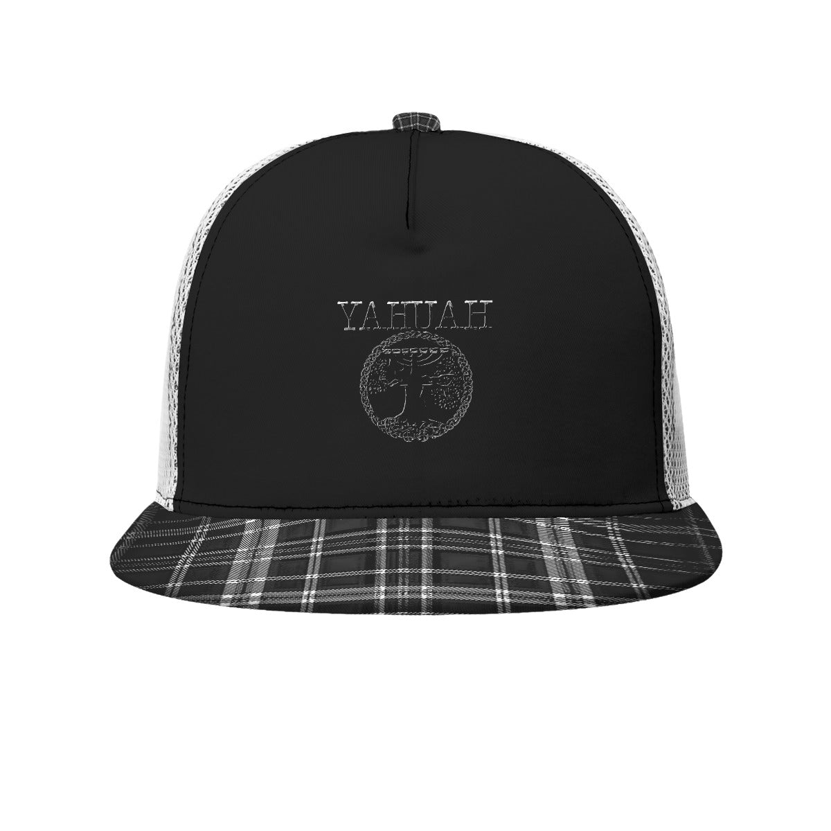 Yahuah-Tree of Life 02-04 + Digital Plaid 01-06A Designer Flat Brim Peaked Trucker Cap with White Half Mesh